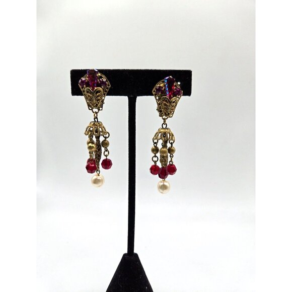 M. Haskell Attributed Unsigned Gold Filigree Dangle Clip Earrings 1940s 2.5 inch - Picture 7 of 7